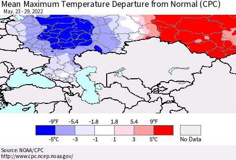 Russian Federation Mean Maximum Temperature Departure from Normal (CPC) Thematic Map For 5/23/2022 - 5/29/2022