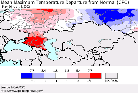 Russian Federation Mean Maximum Temperature Departure from Normal (CPC) Thematic Map For 5/30/2022 - 6/5/2022