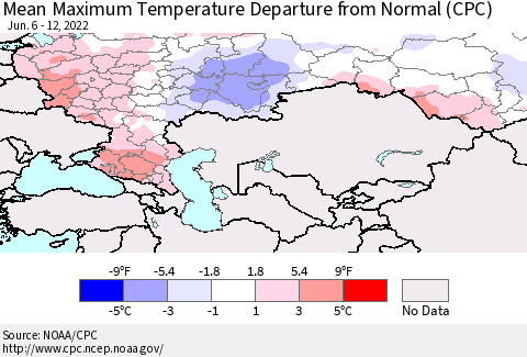 Russian Federation Mean Maximum Temperature Departure from Normal (CPC) Thematic Map For 6/6/2022 - 6/12/2022