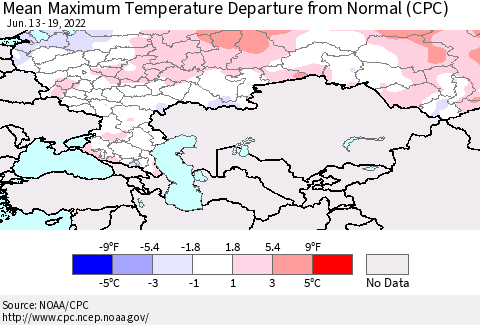 Russian Federation Mean Maximum Temperature Departure from Normal (CPC) Thematic Map For 6/13/2022 - 6/19/2022