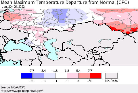 Russian Federation Mean Maximum Temperature Departure from Normal (CPC) Thematic Map For 6/20/2022 - 6/26/2022