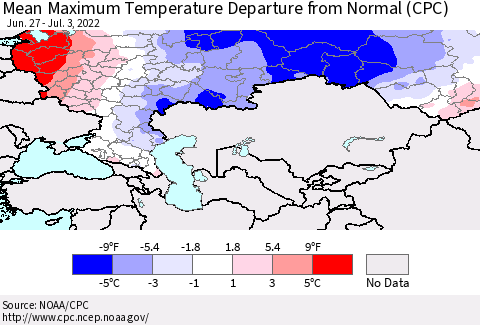 Russian Federation Mean Maximum Temperature Departure from Normal (CPC) Thematic Map For 6/27/2022 - 7/3/2022