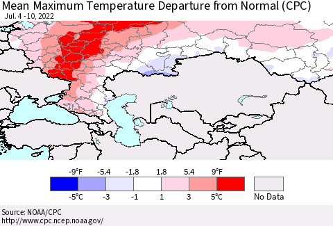 Russian Federation Mean Maximum Temperature Departure from Normal (CPC) Thematic Map For 7/4/2022 - 7/10/2022