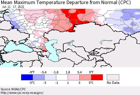 Russian Federation Mean Maximum Temperature Departure from Normal (CPC) Thematic Map For 7/11/2022 - 7/17/2022