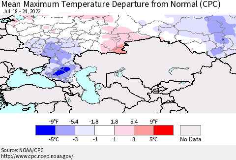 Russian Federation Mean Maximum Temperature Departure from Normal (CPC) Thematic Map For 7/18/2022 - 7/24/2022
