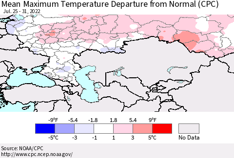 Russian Federation Mean Maximum Temperature Departure from Normal (CPC) Thematic Map For 7/25/2022 - 7/31/2022