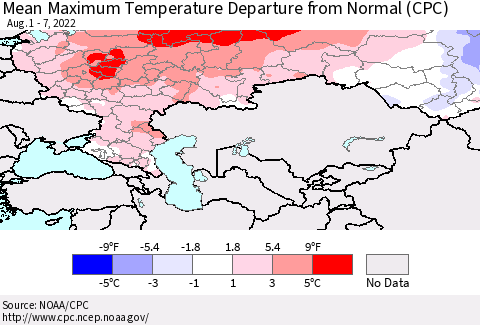 Russian Federation Mean Maximum Temperature Departure from Normal (CPC) Thematic Map For 8/1/2022 - 8/7/2022