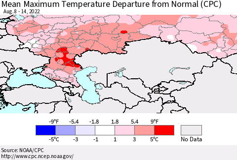 Russian Federation Mean Maximum Temperature Departure from Normal (CPC) Thematic Map For 8/8/2022 - 8/14/2022