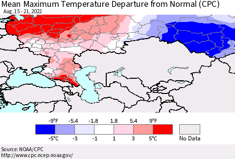 Russian Federation Mean Maximum Temperature Departure from Normal (CPC) Thematic Map For 8/15/2022 - 8/21/2022