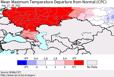 Russian Federation Mean Maximum Temperature Departure from Normal (CPC) Thematic Map For 8/22/2022 - 8/28/2022