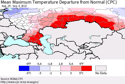 Russian Federation Mean Maximum Temperature Departure from Normal (CPC) Thematic Map For 8/29/2022 - 9/4/2022