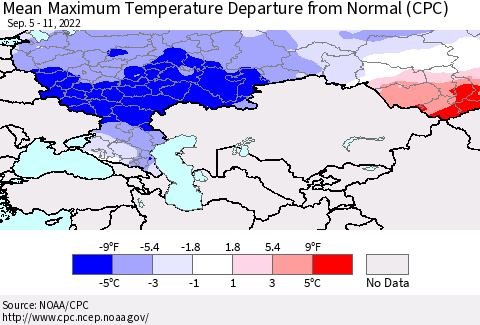 Russian Federation Mean Maximum Temperature Departure from Normal (CPC) Thematic Map For 9/5/2022 - 9/11/2022