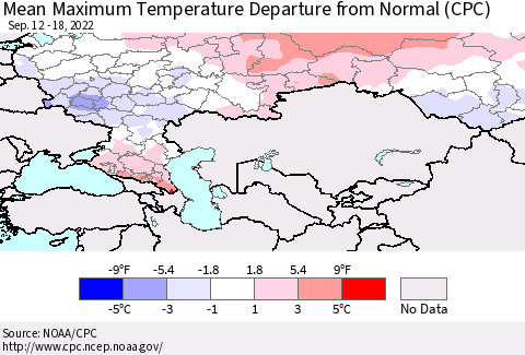 Russian Federation Mean Maximum Temperature Departure from Normal (CPC) Thematic Map For 9/12/2022 - 9/18/2022