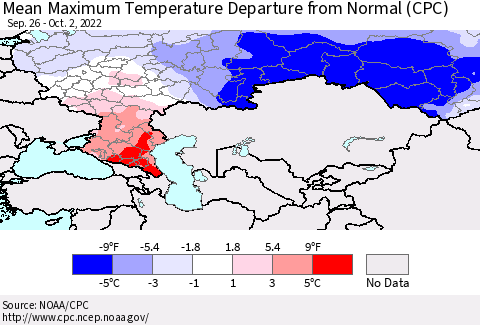 Russian Federation Mean Maximum Temperature Departure from Normal (CPC) Thematic Map For 9/26/2022 - 10/2/2022