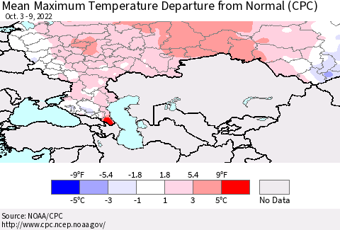 Russian Federation Mean Maximum Temperature Departure from Normal (CPC) Thematic Map For 10/3/2022 - 10/9/2022