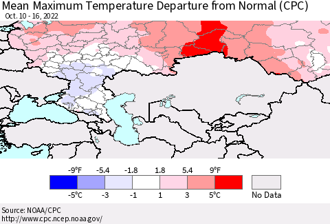 Russian Federation Mean Maximum Temperature Departure from Normal (CPC) Thematic Map For 10/10/2022 - 10/16/2022
