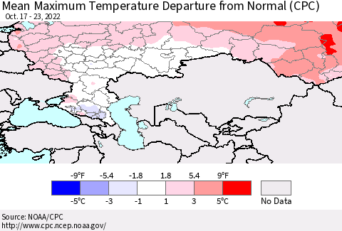 Russian Federation Mean Maximum Temperature Departure from Normal (CPC) Thematic Map For 10/17/2022 - 10/23/2022