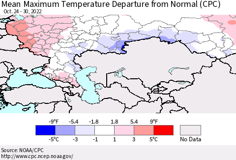Russian Federation Mean Maximum Temperature Departure from Normal (CPC) Thematic Map For 10/24/2022 - 10/30/2022
