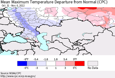 Russian Federation Mean Maximum Temperature Departure from Normal (CPC) Thematic Map For 10/31/2022 - 11/6/2022