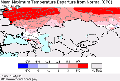 Russian Federation Mean Maximum Temperature Departure from Normal (CPC) Thematic Map For 11/7/2022 - 11/13/2022