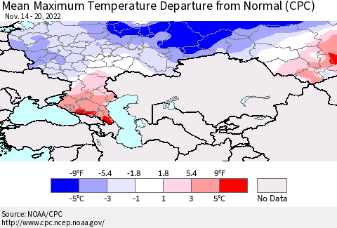 Russian Federation Mean Maximum Temperature Departure from Normal (CPC) Thematic Map For 11/14/2022 - 11/20/2022