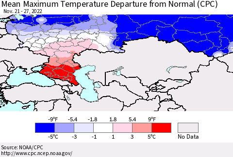 Russian Federation Mean Maximum Temperature Departure from Normal (CPC) Thematic Map For 11/21/2022 - 11/27/2022