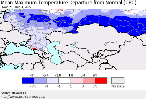 Russian Federation Mean Maximum Temperature Departure from Normal (CPC) Thematic Map For 11/28/2022 - 12/4/2022