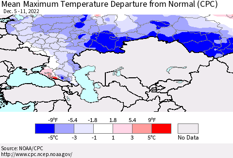 Russian Federation Mean Maximum Temperature Departure from Normal (CPC) Thematic Map For 12/5/2022 - 12/11/2022