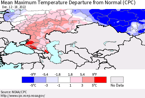 Russian Federation Mean Maximum Temperature Departure from Normal (CPC) Thematic Map For 12/12/2022 - 12/18/2022