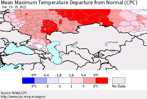 Russian Federation Mean Maximum Temperature Departure from Normal (CPC) Thematic Map For 12/19/2022 - 12/25/2022
