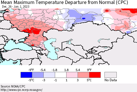 Russian Federation Mean Maximum Temperature Departure from Normal (CPC) Thematic Map For 12/26/2022 - 1/1/2023
