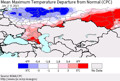 Russian Federation Mean Maximum Temperature Departure from Normal (CPC) Thematic Map For 1/2/2023 - 1/8/2023