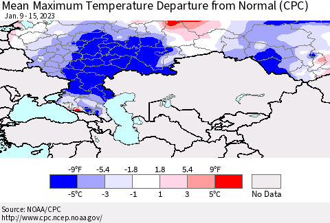 Russian Federation Mean Maximum Temperature Departure from Normal (CPC) Thematic Map For 1/9/2023 - 1/15/2023