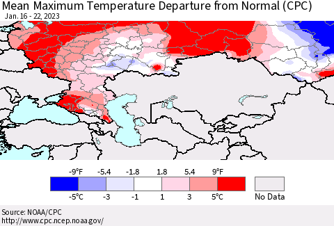 Russian Federation Mean Maximum Temperature Departure from Normal (CPC) Thematic Map For 1/16/2023 - 1/22/2023