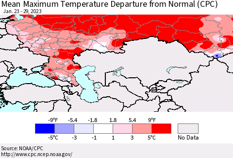 Russian Federation Mean Maximum Temperature Departure from Normal (CPC) Thematic Map For 1/23/2023 - 1/29/2023