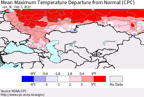 Russian Federation Mean Maximum Temperature Departure from Normal (CPC) Thematic Map For 1/30/2023 - 2/5/2023