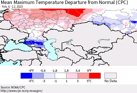 Russian Federation Mean Maximum Temperature Departure from Normal (CPC) Thematic Map For 2/6/2023 - 2/12/2023