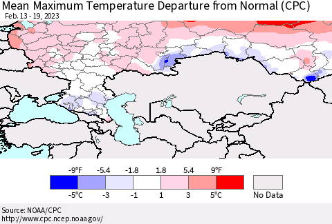Russian Federation Mean Maximum Temperature Departure from Normal (CPC) Thematic Map For 2/13/2023 - 2/19/2023