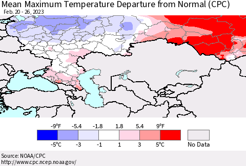 Russian Federation Mean Maximum Temperature Departure from Normal (CPC) Thematic Map For 2/20/2023 - 2/26/2023