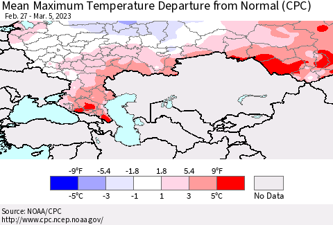 Russian Federation Mean Maximum Temperature Departure from Normal (CPC) Thematic Map For 2/27/2023 - 3/5/2023