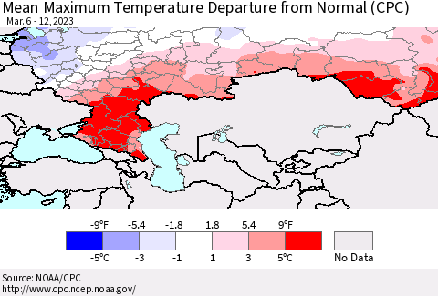 Russian Federation Mean Maximum Temperature Departure from Normal (CPC) Thematic Map For 3/6/2023 - 3/12/2023