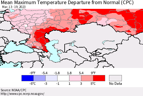 Russian Federation Mean Maximum Temperature Departure from Normal (CPC) Thematic Map For 3/13/2023 - 3/19/2023