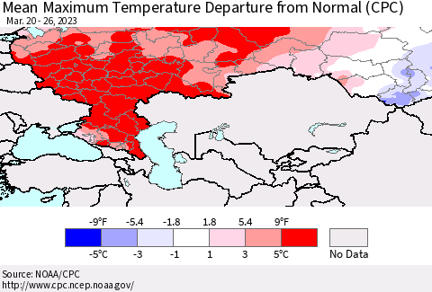 Russian Federation Mean Maximum Temperature Departure from Normal (CPC) Thematic Map For 3/20/2023 - 3/26/2023