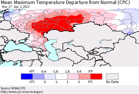 Russian Federation Mean Maximum Temperature Departure from Normal (CPC) Thematic Map For 3/27/2023 - 4/2/2023