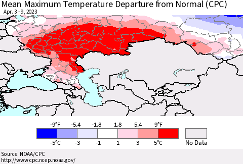 Russian Federation Mean Maximum Temperature Departure from Normal (CPC) Thematic Map For 4/3/2023 - 4/9/2023