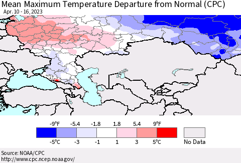 Russian Federation Mean Maximum Temperature Departure from Normal (CPC) Thematic Map For 4/10/2023 - 4/16/2023