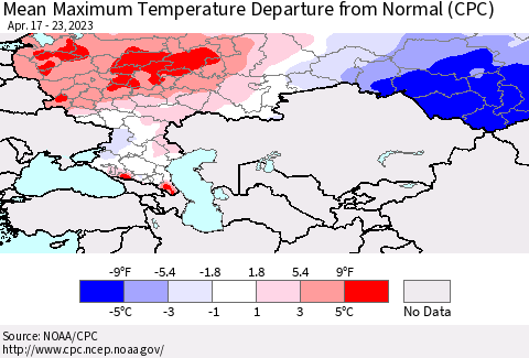 Russian Federation Mean Maximum Temperature Departure from Normal (CPC) Thematic Map For 4/17/2023 - 4/23/2023