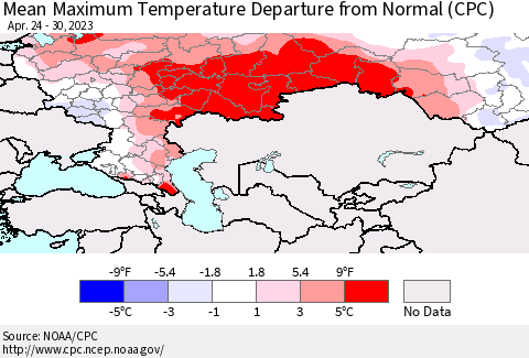 Russian Federation Mean Maximum Temperature Departure from Normal (CPC) Thematic Map For 4/24/2023 - 4/30/2023