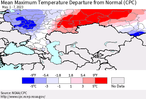 Russian Federation Mean Maximum Temperature Departure from Normal (CPC) Thematic Map For 5/1/2023 - 5/7/2023