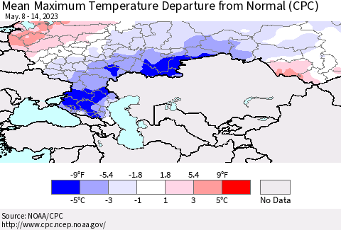 Russian Federation Mean Maximum Temperature Departure from Normal (CPC) Thematic Map For 5/8/2023 - 5/14/2023